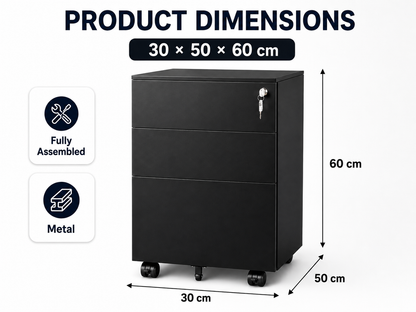 Office Cabinet with Wheels and Lock - Black