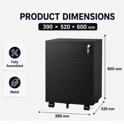 Office Cabinet with Wheels and Lock - Black