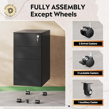 Office Cabinet with Wheels and Lock - Black