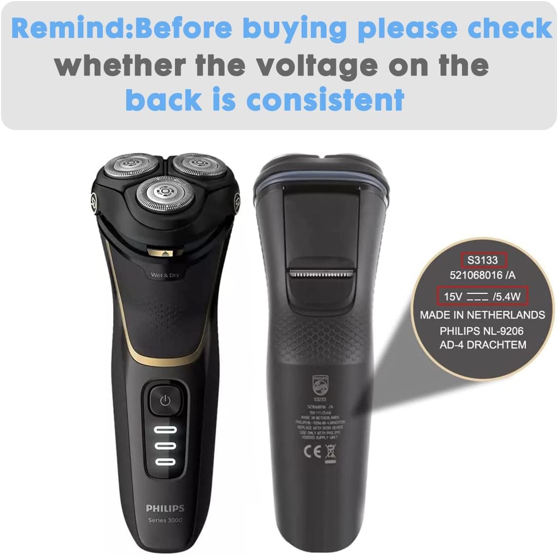 Electric Shaver Charger 15V Compatible Philips