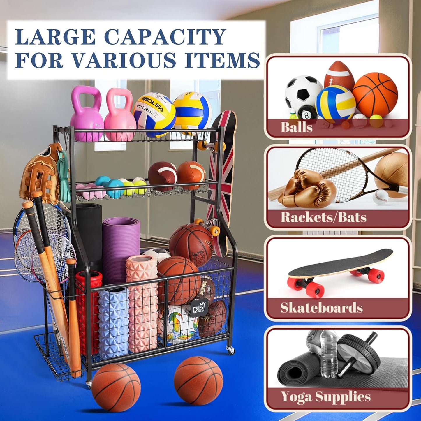 Sports Equipment Organizer Storage with Wheels Multi-Sport Garage Gym
