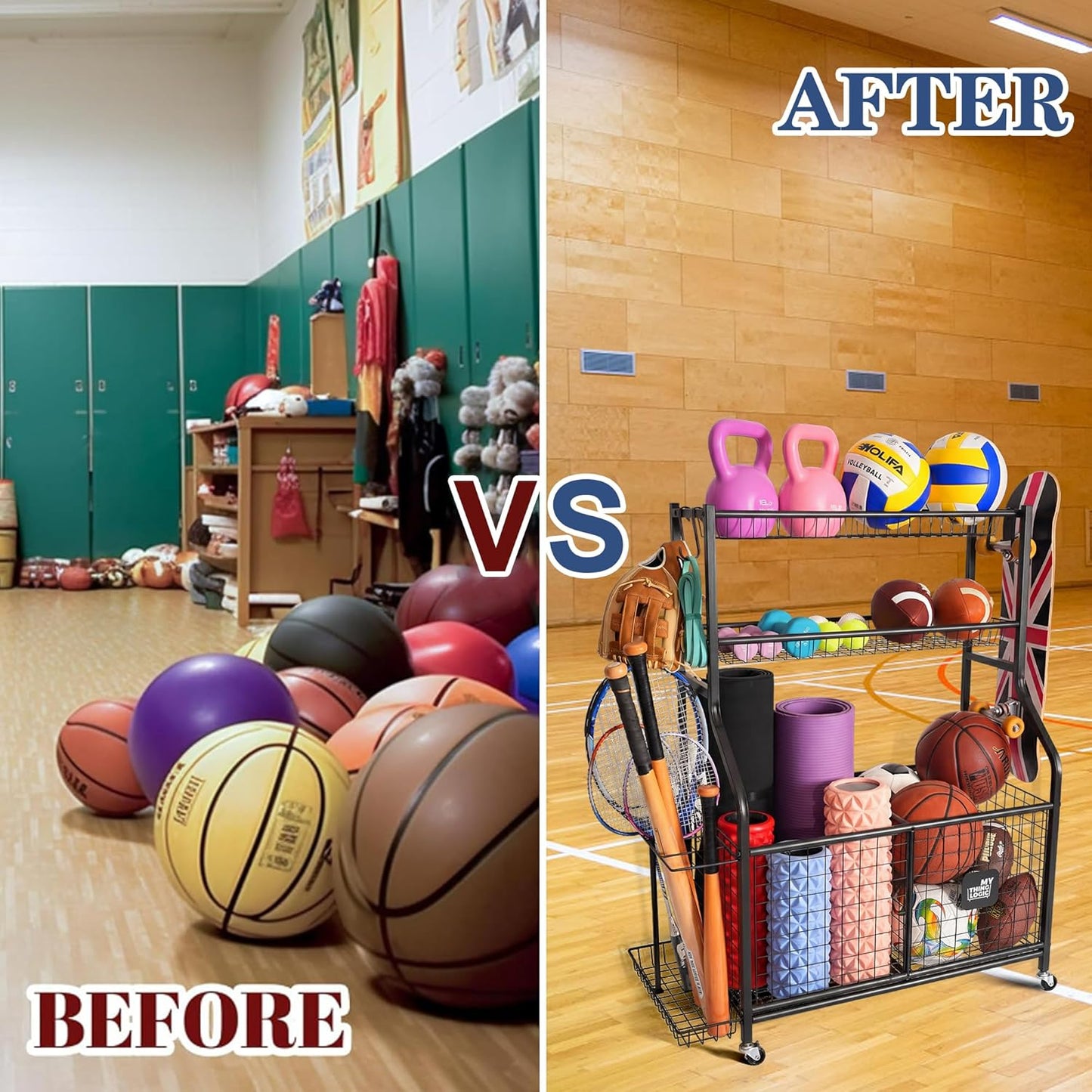 Sports Equipment Organizer Storage with Wheels Multi-Sport Garage Gym