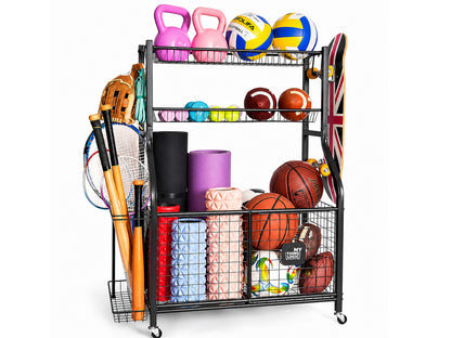 Sports Equipment Organizer Storage with Wheels Multi-Sport Garage Gym