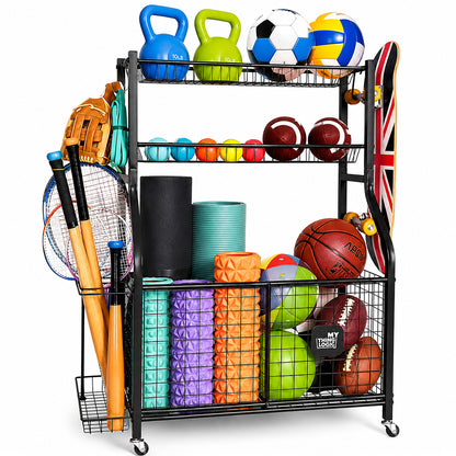 Sports Equipment Organizer Storage with Wheels Multi-Sport Garage Gym