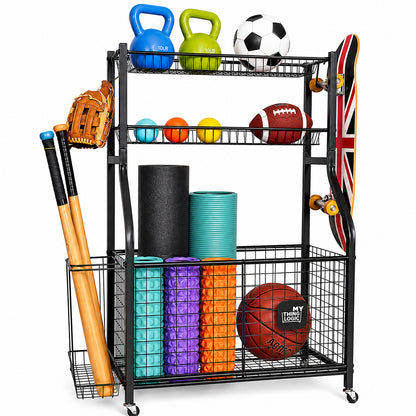 Sports Equipment Organizer Storage with Wheels Multi-Sport Garage Gym