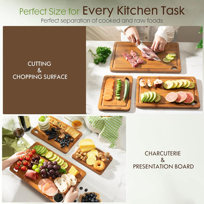 3Pcs Bamboo Cutting Board Set with Stand Reversible Chopping Boards