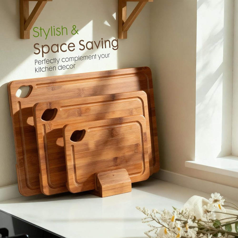 3Pcs Bamboo Cutting Board Set with Stand Reversible Chopping Boards