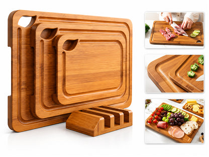 3Pcs Bamboo Cutting Board Set with Stand Reversible Chopping Boards