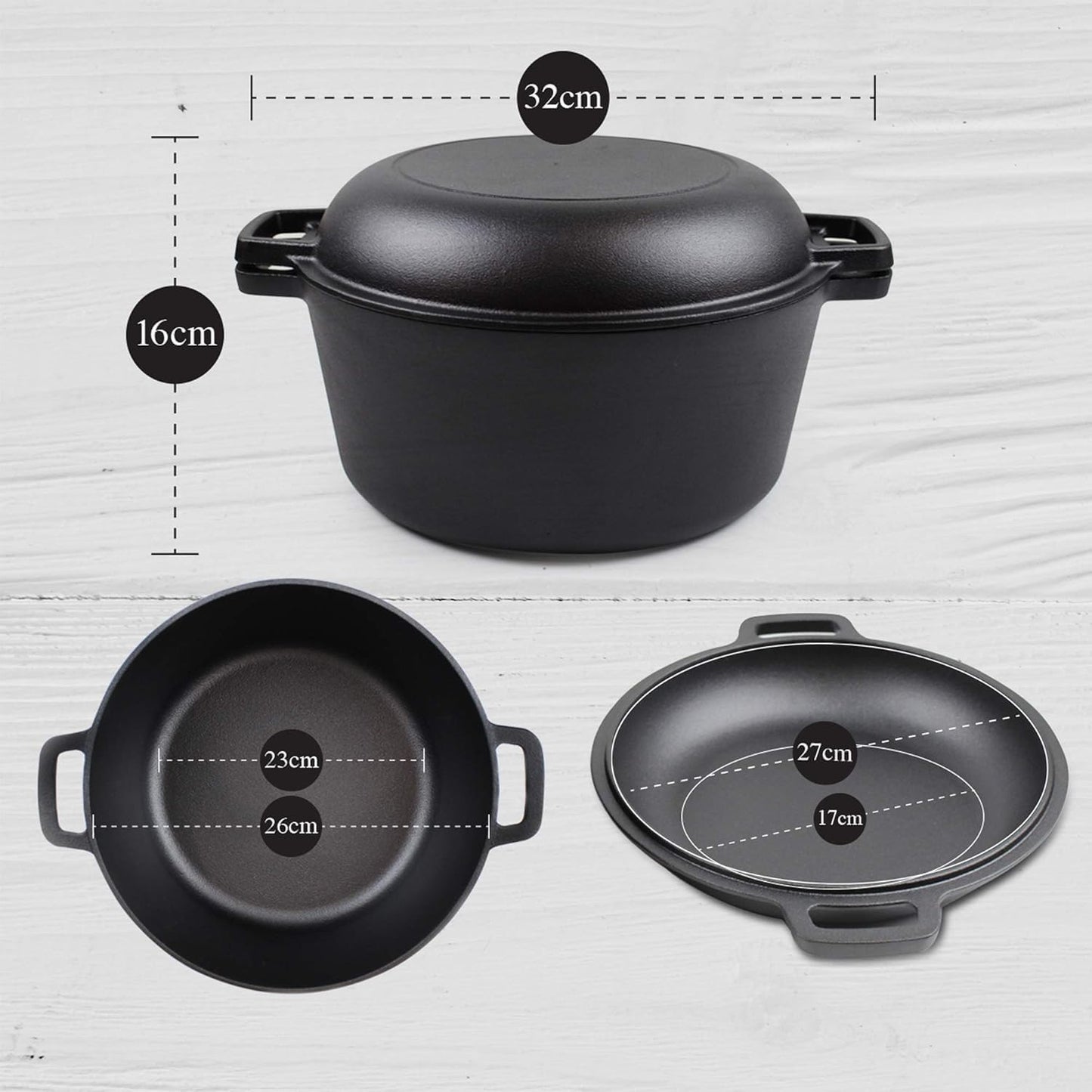 2 In 1 Cast Iron Dutch Oven Set With Lid