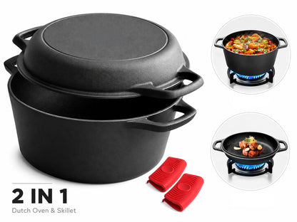 2 In 1 Cast Iron Dutch Oven Set With Lid