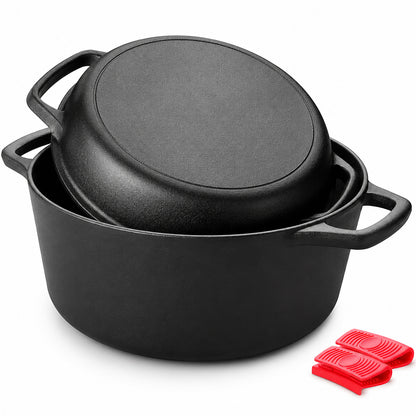 2 In 1 Cast Iron Dutch Oven Set With Lid
