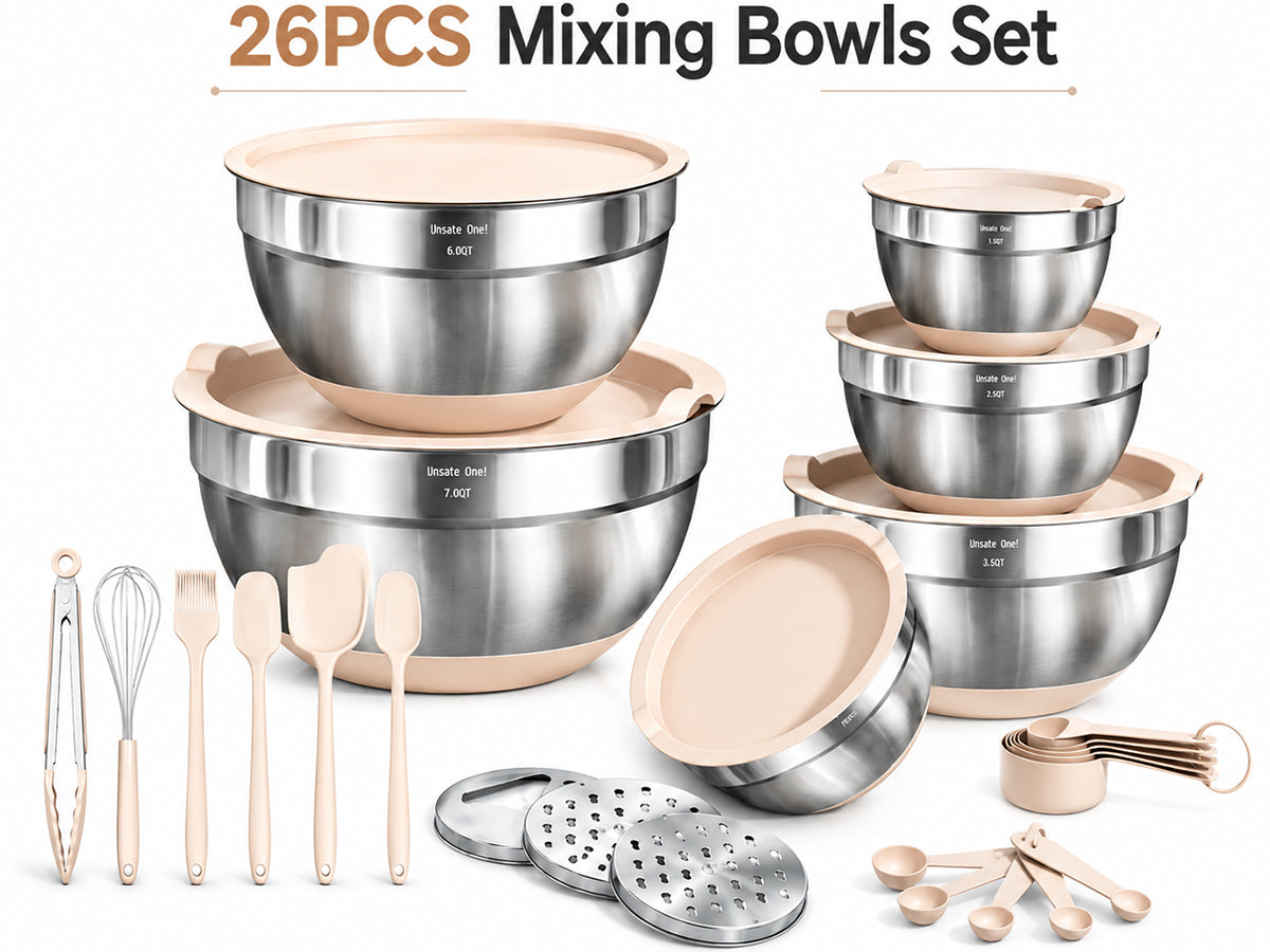 26PCS Mixing Bowls Set Stainless Steel with Lids & Kitchen Tools
