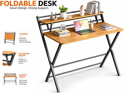Folding Desk –Foldable Computer Desk with Two Storage Shelves Walnut