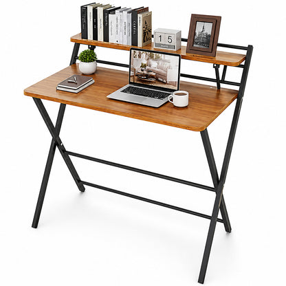 Folding Desk –Foldable Computer Desk with Two Storage Shelves Walnut