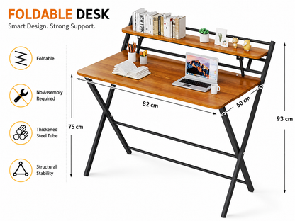 Folding Desk –Foldable Computer Desk with Two Storage Shelves Walnut