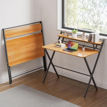 Folding Desk –Foldable Computer Desk with Two Storage Shelves Walnut