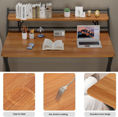 Folding Desk –Foldable Computer Desk with Two Storage Shelves Walnut