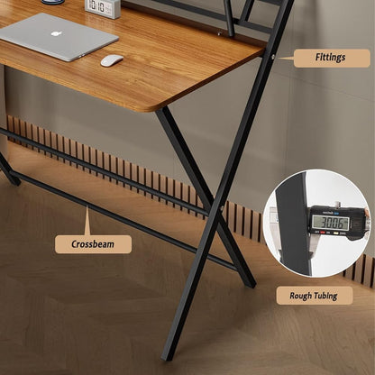 Folding Desk –Foldable Computer Desk with Two Storage Shelves Walnut