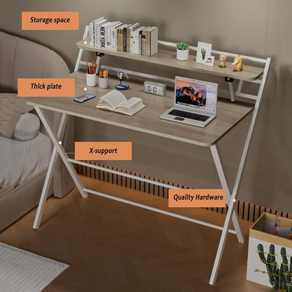 Folding Desk –Foldable Computer Desk with Two Storage Shelves Walnut