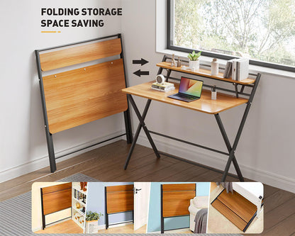 Folding Desk –Foldable Computer Desk with Two Storage Shelves Walnut