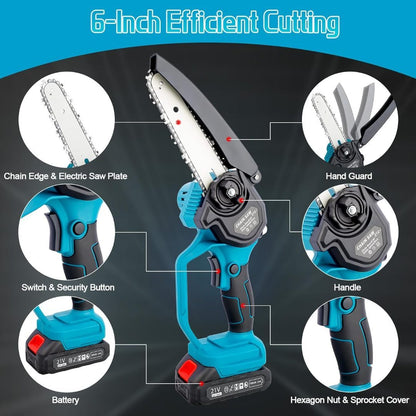 Cordless Chainsaw – 6-Inch 21V Brushless Mini Chainsaw with 1.4m–3m Extension Pole and 2 Batteries