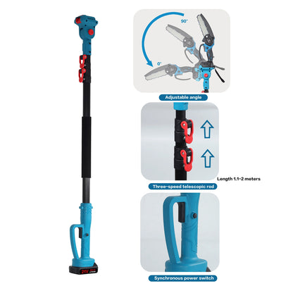 Cordless Chainsaw – 6-Inch 21V Brushless Mini Chainsaw with 1.4m–3m Extension Pole and 2 Batteries