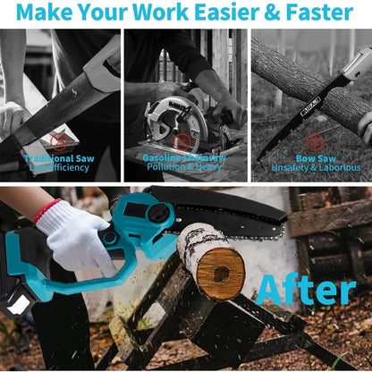 Cordless Chainsaw – 6-Inch 21V Brushless Mini Chainsaw with 1.4m–3m Extension Pole and 2 Batteries