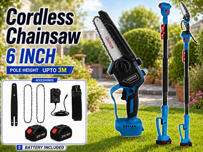 Cordless Chainsaw – 6-Inch 21V Brushless Mini Chainsaw with 1.4m–3m Extension Pole and 2 Batteries