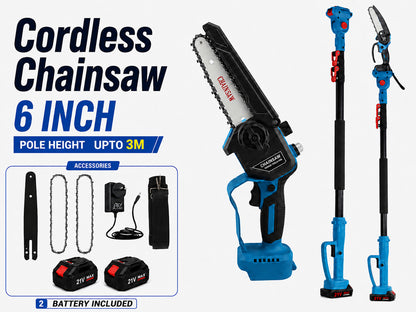 Cordless Chainsaw – 6-Inch 21V Brushless Mini Chainsaw with 1.4m–3m Extension Pole and 2 Batteries
