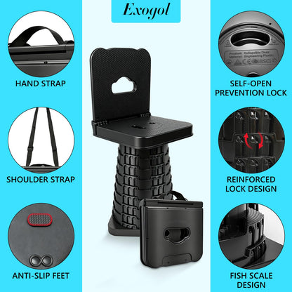 Upgraded Collapsible Stool with Backrest, Portable Folding Telescopic Stool with Carry Bag