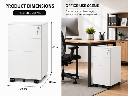 Office Cabinet with Wheels and Lock - White