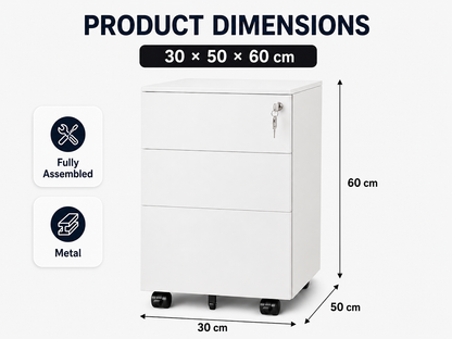 Office Cabinet with Wheels and Lock - White