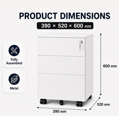 Office Cabinet with Wheels and Lock - White