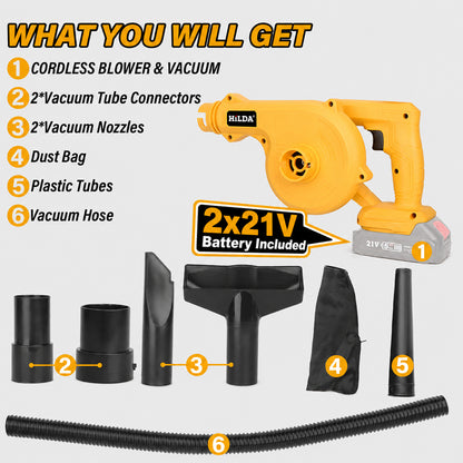 Cordless Leaf Blower Vacuum 21V with 2 Batteries, Charger & Accessories
