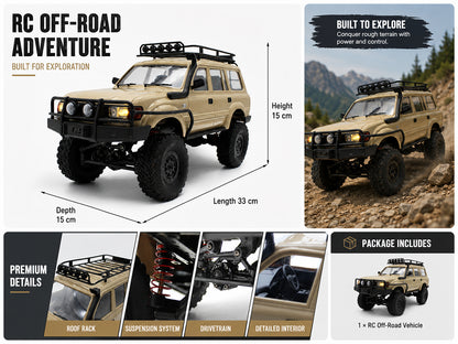 RC Rock Crawler Truck – 1:16 Scale 4WD Off-Road RC SUV with LED Lights, Snorkel, Roof Rack and 2 Rechargeable Batteries
