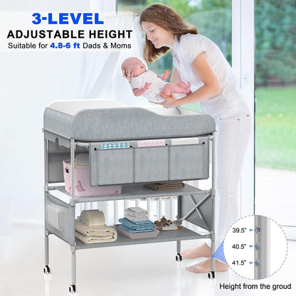 Foldable Nappy Changing Diaper Station with Adjustable Height & Storage