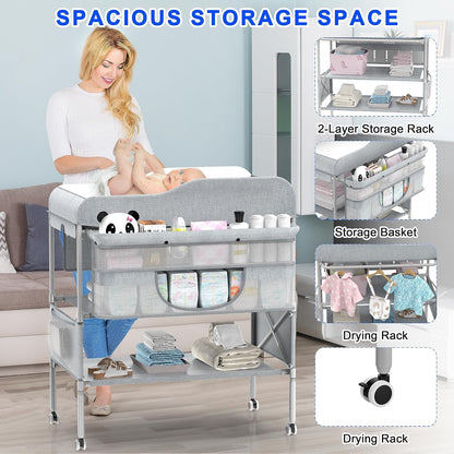 Foldable Nappy Changing Diaper Station with Adjustable Height & Storage