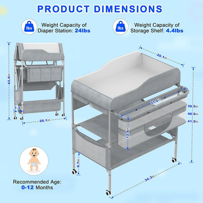 Foldable Nappy Changing Diaper Station with Adjustable Height & Storage