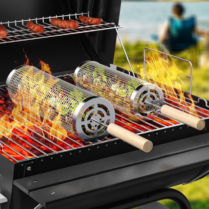 Rolling Grill Basket 2-Piece Stainless Steel BBQ Set with Wooden Handles