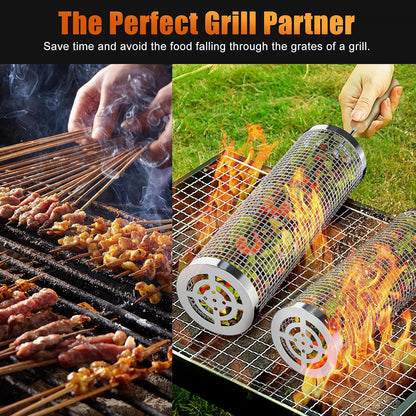 Rolling Grill Basket 2-Piece Stainless Steel BBQ Set with Wooden Handles