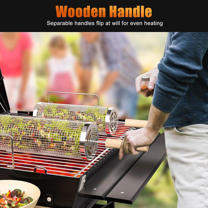 Rolling Grill Basket 2-Piece Stainless Steel BBQ Set with Wooden Handles