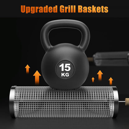 Rolling Grill Basket 2-Piece Stainless Steel BBQ Set with Wooden Handles
