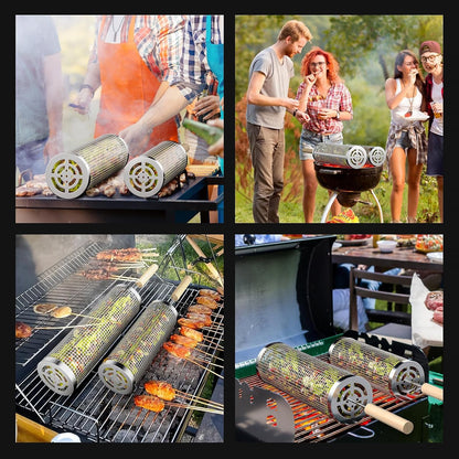 Rolling Grill Basket 2-Piece Stainless Steel BBQ Set with Wooden Handles