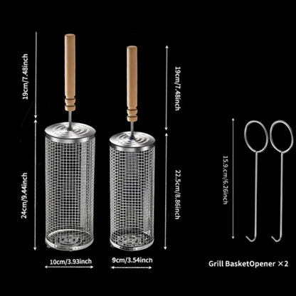 Rolling Grill Basket 2-Piece Stainless Steel BBQ Set with Wooden Handles