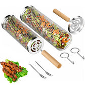 Rolling Grill Basket 2-Piece Stainless Steel BBQ Set with Wooden Handles