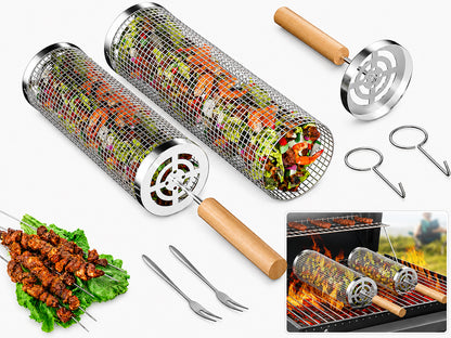 Rolling Grill Basket 2-Piece Stainless Steel BBQ Set with Wooden Handles