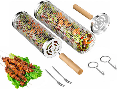 Rolling Grill Basket 2-Piece Stainless Steel BBQ Set with Wooden Handles