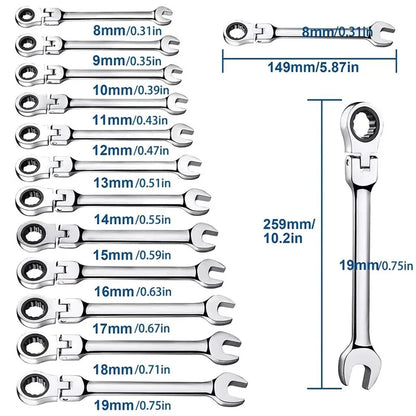 Ratchet Wrench Set – 12-Piece 8–19mm Flex Head Ratchet Wrench Set