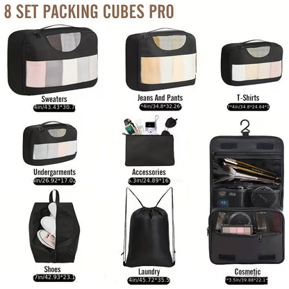 8Pcs Packing Cubes for Travel Luggage Organiser Bag-Black