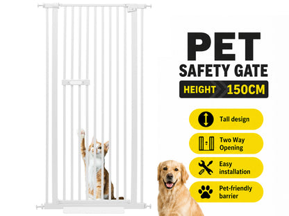 Pet Safety Gate Dog Cat Security Extra Tall Retractable Fence Enclosure Guard Kitchen Doorway Stairs Barrier with Walk Through Door 150cm Height